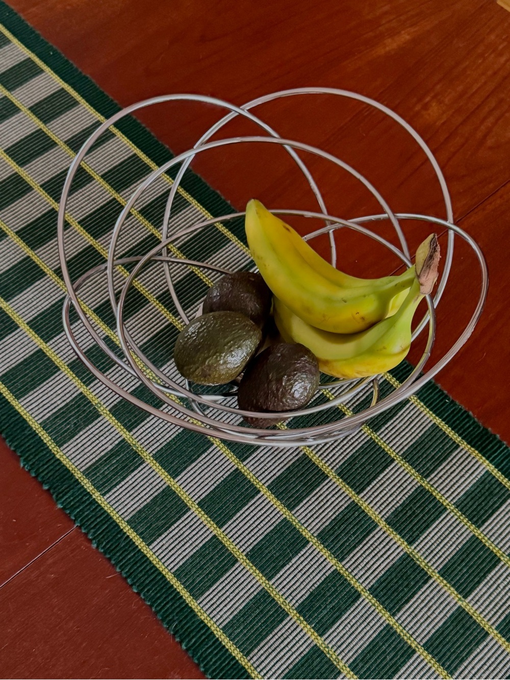 Modern Silver Wire Fruit Bowl with Bananas and Avocados